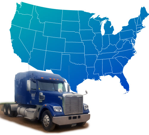 Service Area Map: Continental United States shaded in blue with an isolated MCD Express truck sitting infront of it