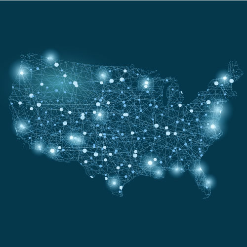 Map of the continental United States showing hundreds of connection points